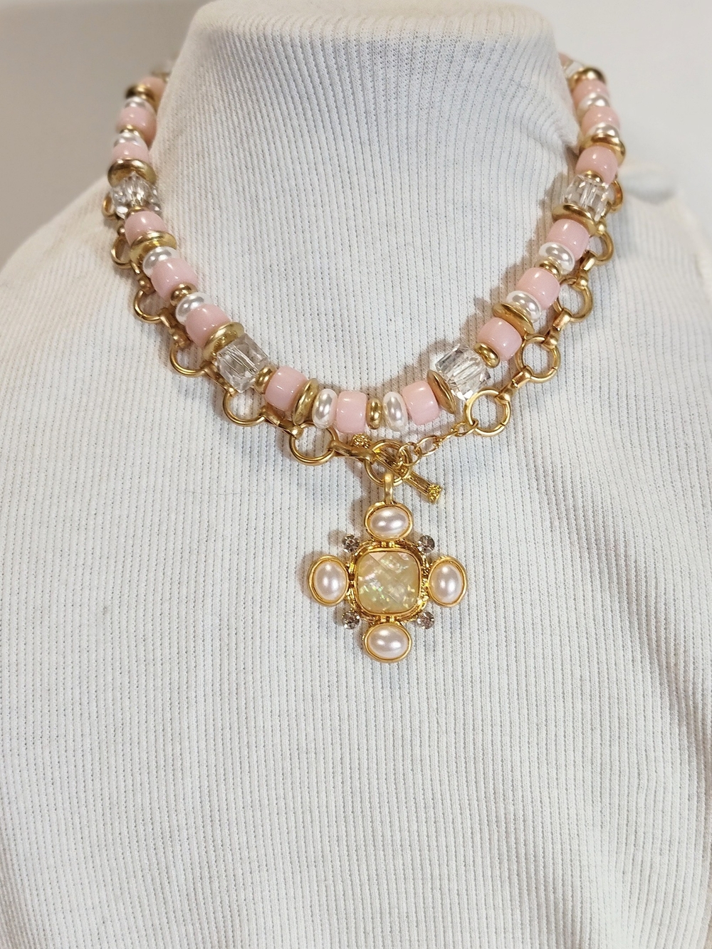 Gold-Tone Pink Bead Pendant Necklace with Pearl Accents Nickel Free